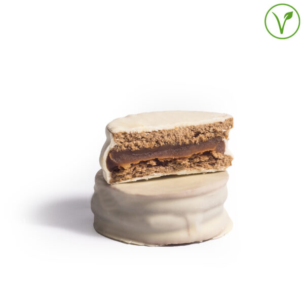 alfajor de chocolate blanco vegano relleno de dulce de leche