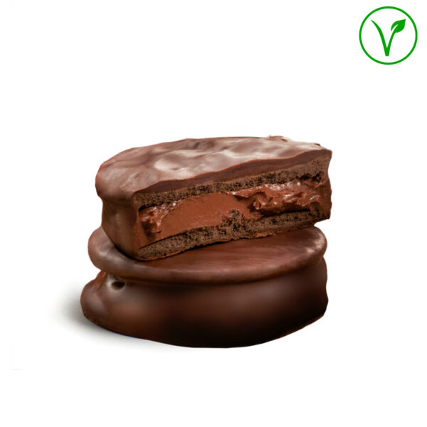 alfajor negro vegano relleno de pasta de avellanas